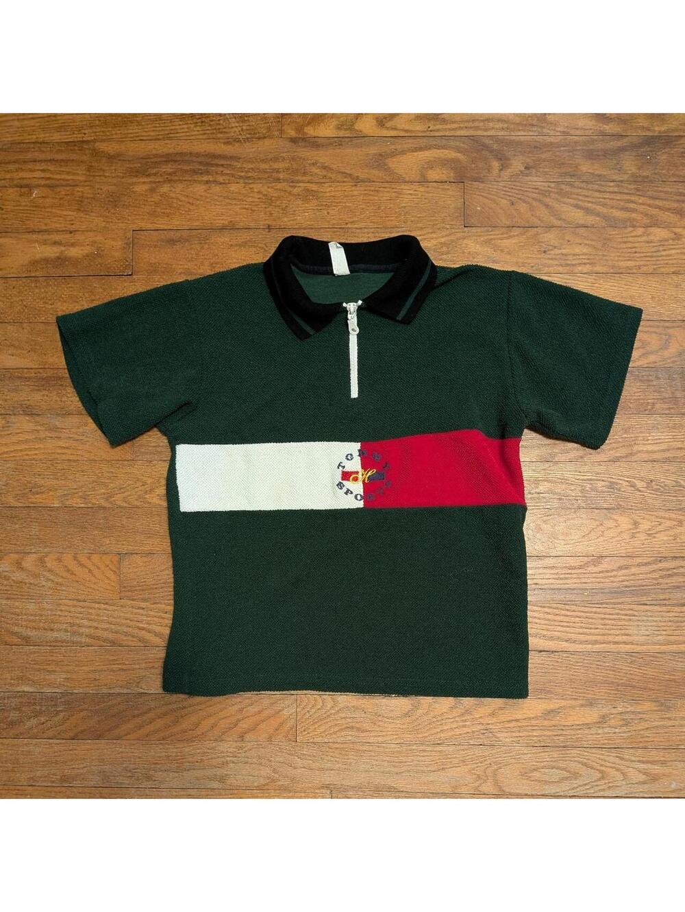 Vintage 1990s Bootleg Tommy Sports Quarter Zip Polo Green Terry Flag Colorblock